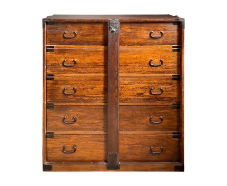 A Japanese Tansu chest, late Meiji period,  With two long iron carrying handles above a pair of carrying handles to each side