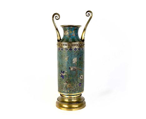 A Chinese cloisonne enamel and gilt metal urn vase, Jiaqing period. With a pair of handles and central lift up section, heigh