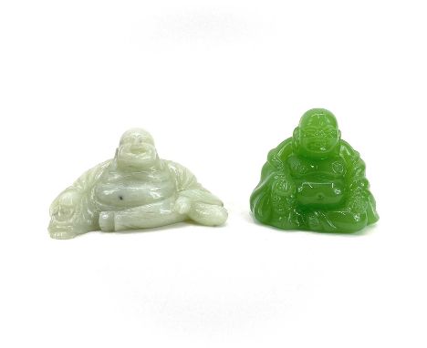 A Chinese carved jade figure of a seated laughing buddha. Height 4cm together with a green glass seated laughing buddha. (2)