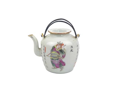 A Chinese famille rose porcelain teapot, 19th century. With two metal swing handles, the circular body decorated with warrior