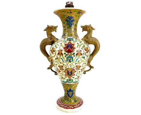 A Fischer Budapest ceramic table lamp. Decorated in the Persian style, height 36cm