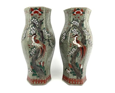 A pair of Chinese celadon crackle glazed hexagonal vases, early 20th century. each with enamel and painted decoration of an e