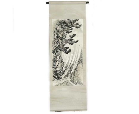 A Chinese ink and watercolour scroll painting of a waterfall. With caligraphy and a seal mark, image size 100cm x 46cm.The wa