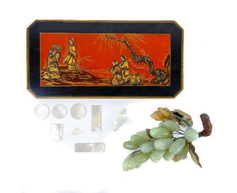 A set of Chinese Mother of pearl gaming counters. Together with jadeite and soapstone grapes length 19cm, and a Japan red lac