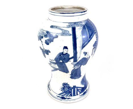 A Chinese blue and white porcelain baluster vase, 18th century. Painted with a balcony, trees and figures, height 28cm, width
