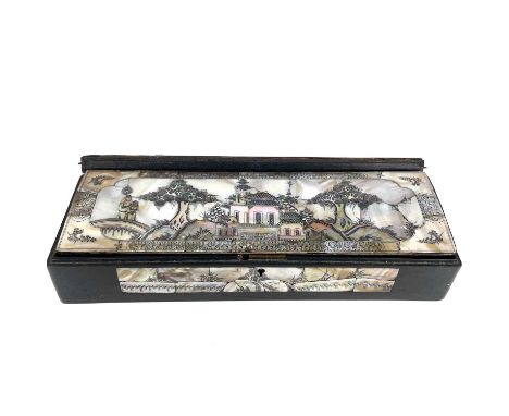 A Chinese mother of pearl decorated wooden work box, late 19th century. In need of restoration, height 6.5cm, width 31cm, dep