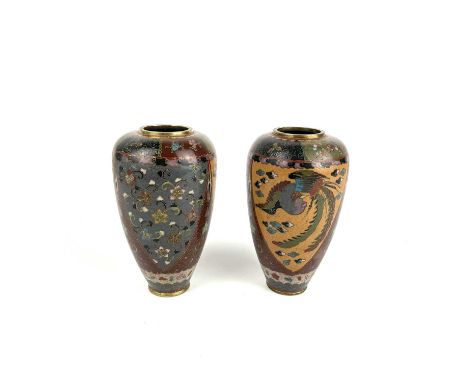 A pair of Japanese cloisonné enamel vases, Meiji period. Height 15.5cm.diameter 8.5cm. (2)
