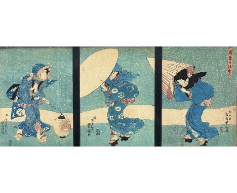 A Japanese triptych print on fabric depicting geisha, circa 1900. Frame 27.5 x 55cm.On the third panel there is a 1cm abrasio