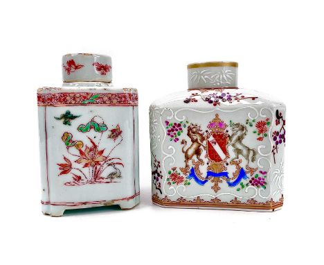 A late 18th century Chinese porcelain Famille verte square tea caddy. Together with a Chinese export amourial tea caddy, firs