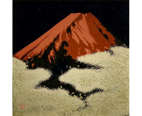 A Japanese lacquer panel of Mt Fuji. Seal mark, 15cm x 15cm.