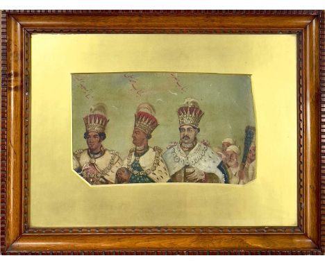 Indian School. 19th CenturyPortrait of Three Kings of Oudh, fragment from a larger painting.Image size 27cm x 16cm.Hand writt