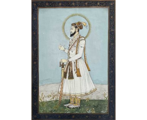 An Indian portrait watercolour of the Emperor Aurangzeb, circa 1900-1920. with left hand placed upon his sword, frame size 33