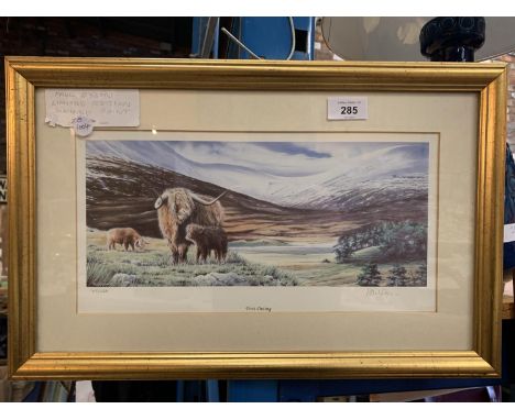 A GILT FRAMED SIGNED LIMITED EDITION PAUL DYSON PRINT 'FIRST OUTING' OF HIGHLAND CATTLE 