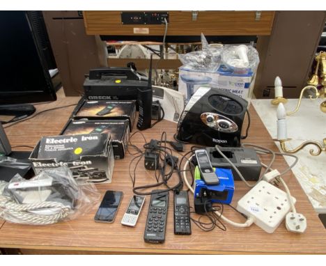 AN ASSORTMENT ITEMS TO INCLUDE MOBILE PHONES, A TROPAN MEAT GRINDER AND AN ELECTRIC IRON ETC 
