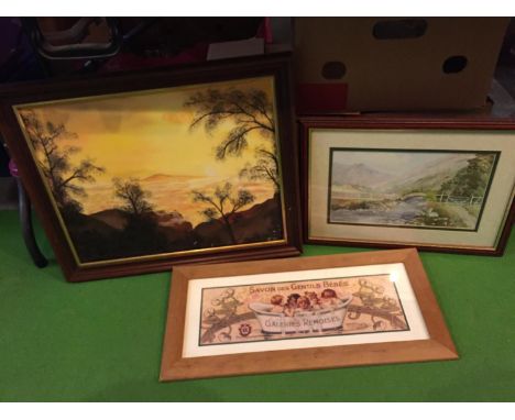 THREE FRAMED PICTURES, TWO OF LANDSCAPES A THIRD OF AN ADVERTISING POSTER 