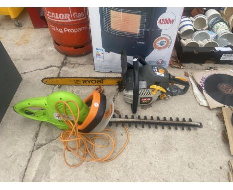 A RYOBI PETROL 40CC CHAINSAW AND A FURTHER ELECTRIC HEDGE TRIMMER 