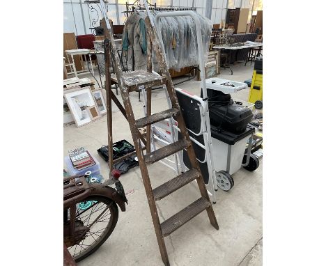 AZ VINTAGE FOUR RUNG WOODEN STEP LADDER AND TWO FURTHER METAL STEP LADDERS 