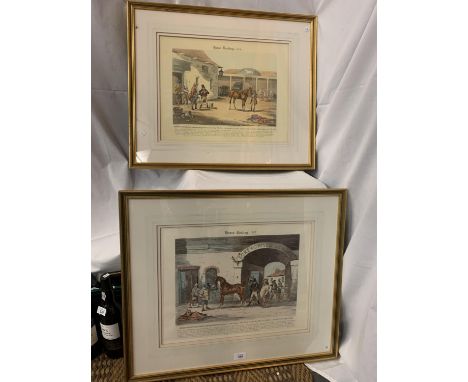 TWO LARGE FRAMED AND MOUNTED PRINTS 'HORSE DEALING NO1 AND NO2 BY R SCANLAN 