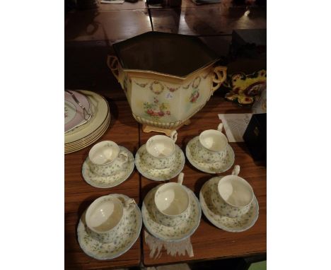 SIX ROYAL ALBERT 'CAROLINE' TEACUPS AND SAUCERS AND A LARGE PLANTER 