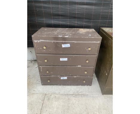 A VINTAGE FOUR DRAWER UNIT CONTAINING AN ASSORTMENT OF TOOLS AND HARDWARE TO INCLUDE PLUG SOCKETS, SCREWS AND SPRINGS ETC 