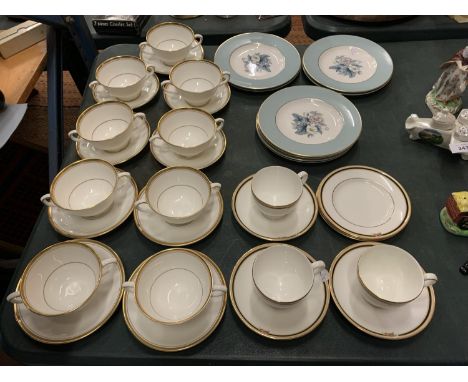 NINE COALPORT CONNOISSEUR SOUP BOWLS AND PLATES, EIGHT ROYAL WORCESTER 'WOODLAND' PLATES AND THREE WEDGWOOD TEA CUPS WITH SIX