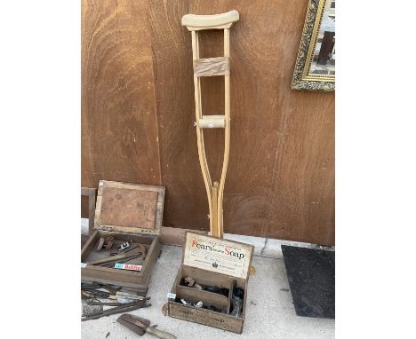 A VINTAGE 'PEARS TRANSPARENT SOAP' BOX CONTAINING AN ASSORTMENT OF HARDWARE 