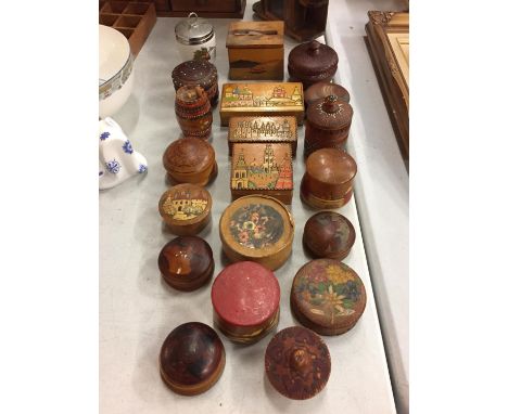 A LARGE QUANTITY OF TREEN BOXES WITH CARVED AND PAINTED SCENES PLUS A ROYAL WORCESTER EGG CODDLER 