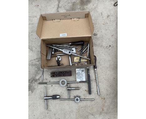 AN ASSORTMENT OF ENGINEERS TOOLS TO INCLUDE TAP AND DIES, DRILL CHUCKS AND CLAMPS ETC 