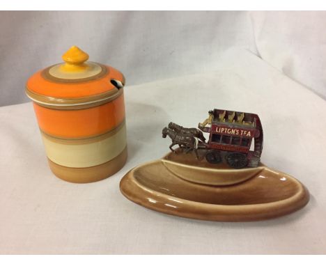 A LIPTONS WADE DIECAST LESNEY HORSE DRAWN DOUBLE DECKER TRAM ASHTRAY/PIN TRAY - 1960'S AND A VINTAGE SHELLEY ORANGE AND CREAM