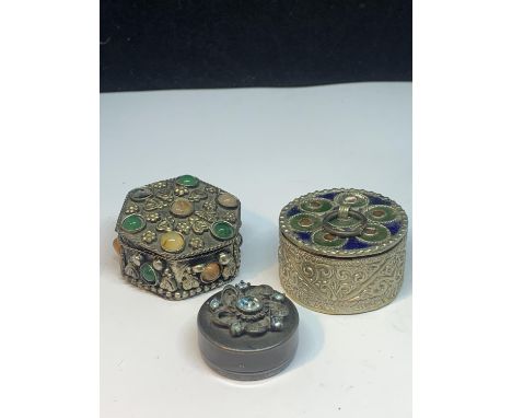 THREE WHITE METAL DECORATIVE PILL BOXES WITH STONES AND ENAMEL 