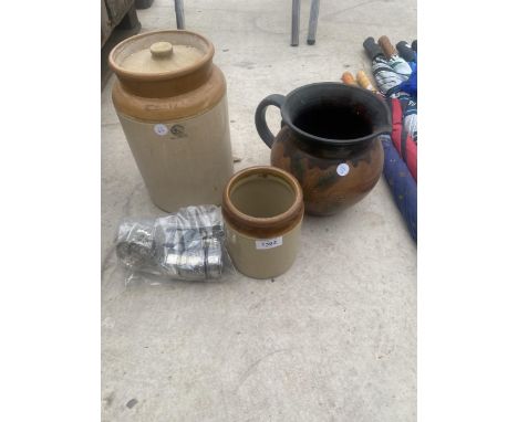 TWO STONE WARE VESSELS, A LARGE CERAMIC JUG AND VARIOUS EPNS NAPKIN RINGS 