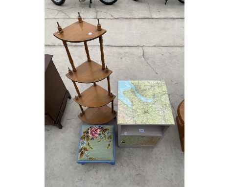 A MODERN FOUR TIER WHATNOT, PAINTED STOOL WITH TAPESTRY TOP AND BEDSIDE LOCKER DECORATED WITH MAPS 