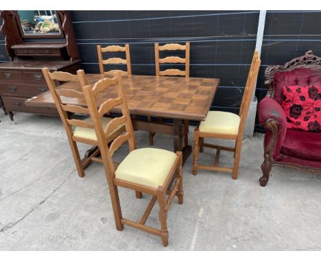 A WOODBLOCK REFECTORY STYLE TABLE AND SIX LADDER-BACK DINING CHAIRS 60"X36" 