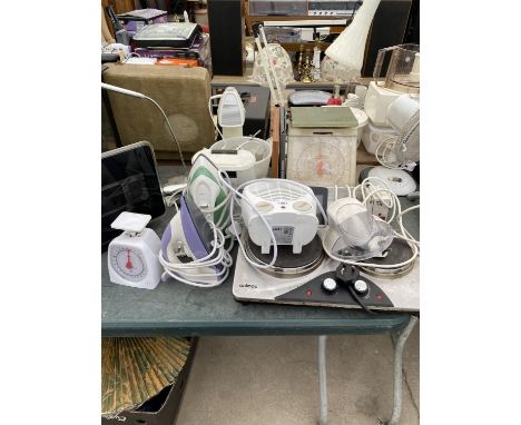 AN ASSORTMENT OF ITEMS TO INCLUDE A MORPHY RICHARDS FOOD MIXER, IRONS AND KITCHEN SCALES ETC 