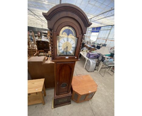 A REPRODUCTION LONGCASE CLOCK WITH TRIPLE WEIGHTS,'MOZER' WITH BULLDOG TYPE DOOR 