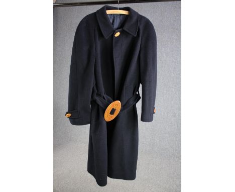 A bespoke made vintage navy blue woollen overcoat with statement buckle,&nbsp;(to fit chest 38'' approx).