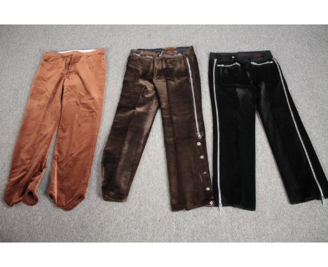 Three pairs of bespoke made vintage velvet trousers in various colours with zip detailing,&nbsp;&nbsp;(to fit waist 32'' appr