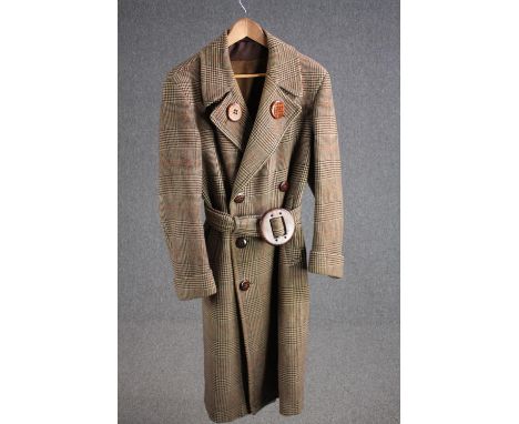 A vintage bespoke made tweed long length overcoat with statement buckle,&nbsp;(to fit chest 38'' approx)