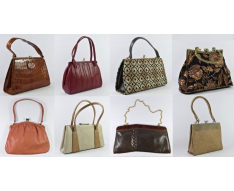 A collection of nine modern and vintage handbags, to include a Jane Shilton red leather handbag, a 1960s Welsh wool handbag, 