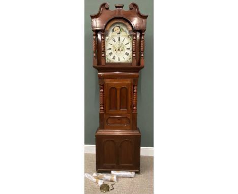 OWEN EDWARDS HOLYHEAD VICTORIAN MAHOGANY LONGCASE CLOCK, arched top, painted dial set with Roman numerals, subsidiary seconds