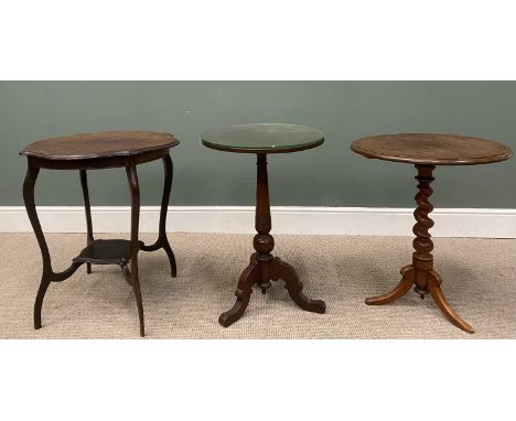 THREE VICTORIAN &amp; LATER OCCASIONAL TABLES comprising a circular top mahogany example on a twist column tripod base, 69cms