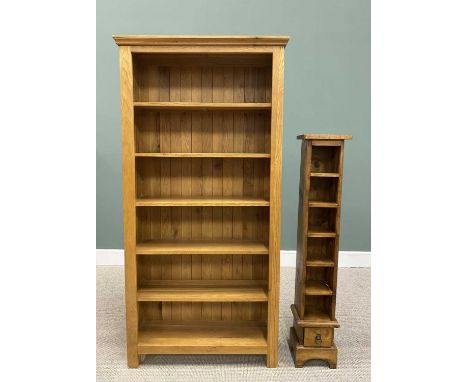 ULTRA MODERN LIGHT OAK BOOKCASE &amp; MEXICAN PINE CD RACK, both with fixed shelves, 181cms H, 90cms W, 30cms D and 131cms H,