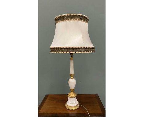 GILT METAL MOUNTED CARVED ALABASTER TABLE LAMP WITH SHADE, 81cms overall H (complete)Provenance: private collection Gwynedd