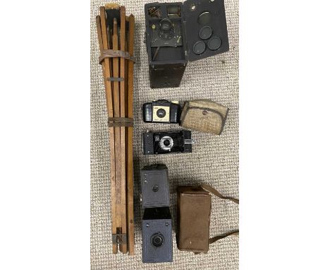 VINTAGE CAMERAS & ASSOCIATED GOODS, including large and small Brownie-type box cameras, Bellows camera, wooden tripod stand E