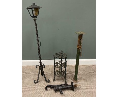 MIXED IRONWORK GROUP OF FOUR comprising a cast iron garden hand pump, 68cms overall H, three-tier cast iron pan stand with pi