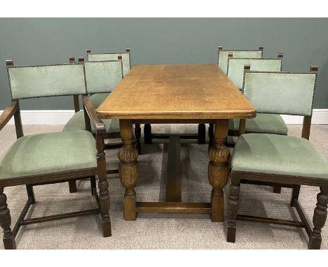 REPRODUCTION OAK REFECTORY DINING TABLE &amp; SIX (5+1) DINING CHAIRS, rectangular top table on substantial carved bulbous an