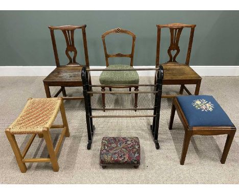 SEVEN ITEMS OF ANTIQUE &amp; LATER OCCASIONAL FURNITURE, comprising a pair of oak peg joined farmhouse chairs with pierced he