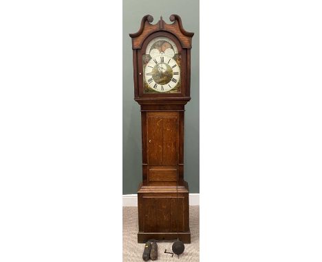 ROBINSON DOLGELLY OAK & MAHOGANY LONGCASE CLOCK CIRCA 1840, arched top moon phase painted dial, set with Roman numerals and s