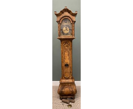 JOHN WOOD GRANTHAM ROCKING SHIP DUTCH INFLUENCED MARQUETRY INLAID LONGCASE CLOCK, the arched top dial set with cherubic spand