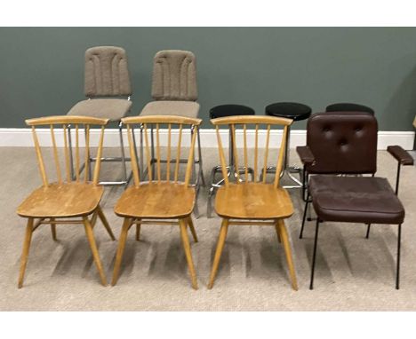 EIGHT VARIOUS VINTAGE CHAIRS &amp; STOOLS in classic and retro styles, lot comprises 3 x Ercol light elm spindle back dining 